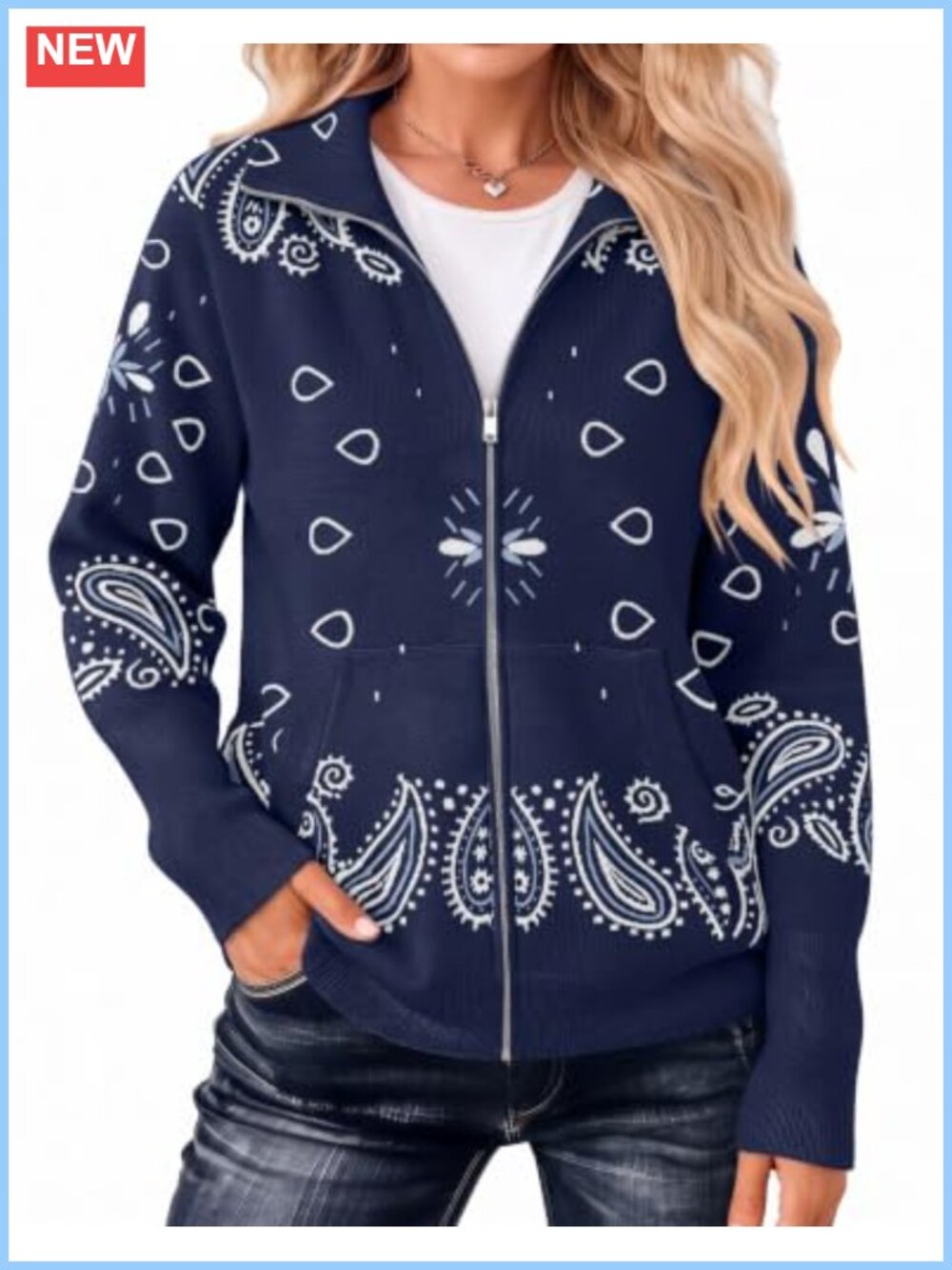 Zip Up Cardigan Sweater Stand Collar Paisley Knit Fall Winter